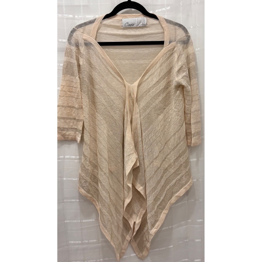Curio New York Metallic Gold Striped Draped Open Front Cardigan Sharkbite Hem